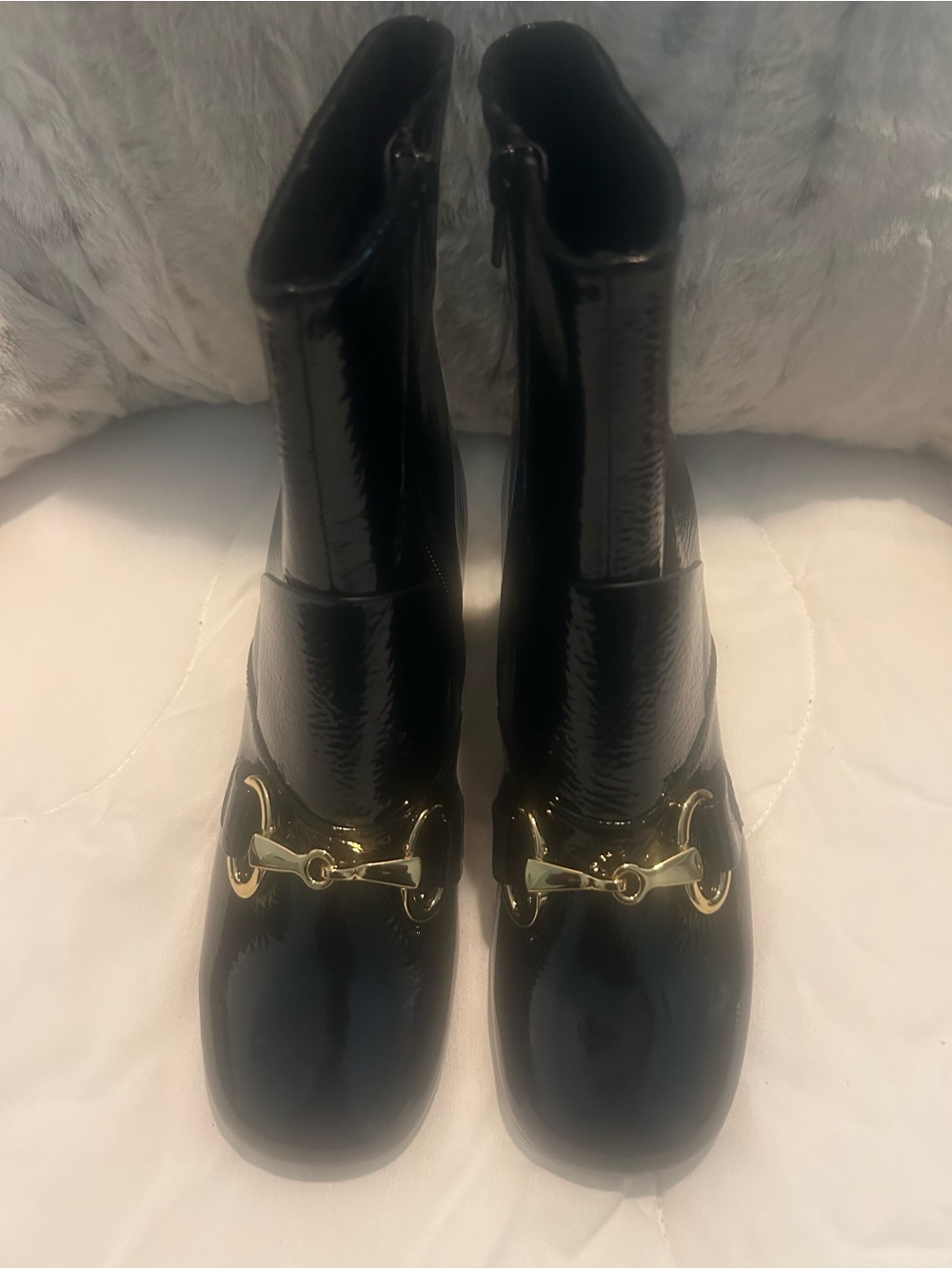 Jeffrey Campbell Black Patent Ankle Boots with Gold Horsebit